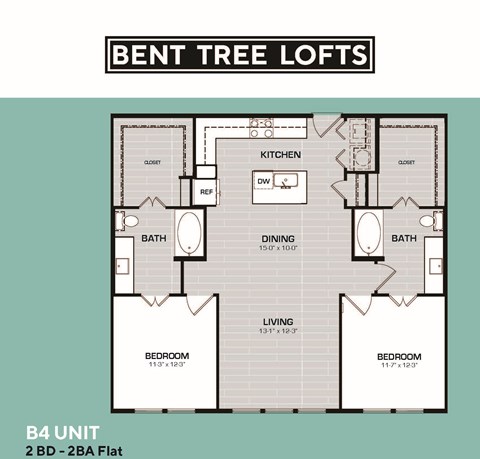 Floor plan for 2 beds, 2 baths, 1152 sqft